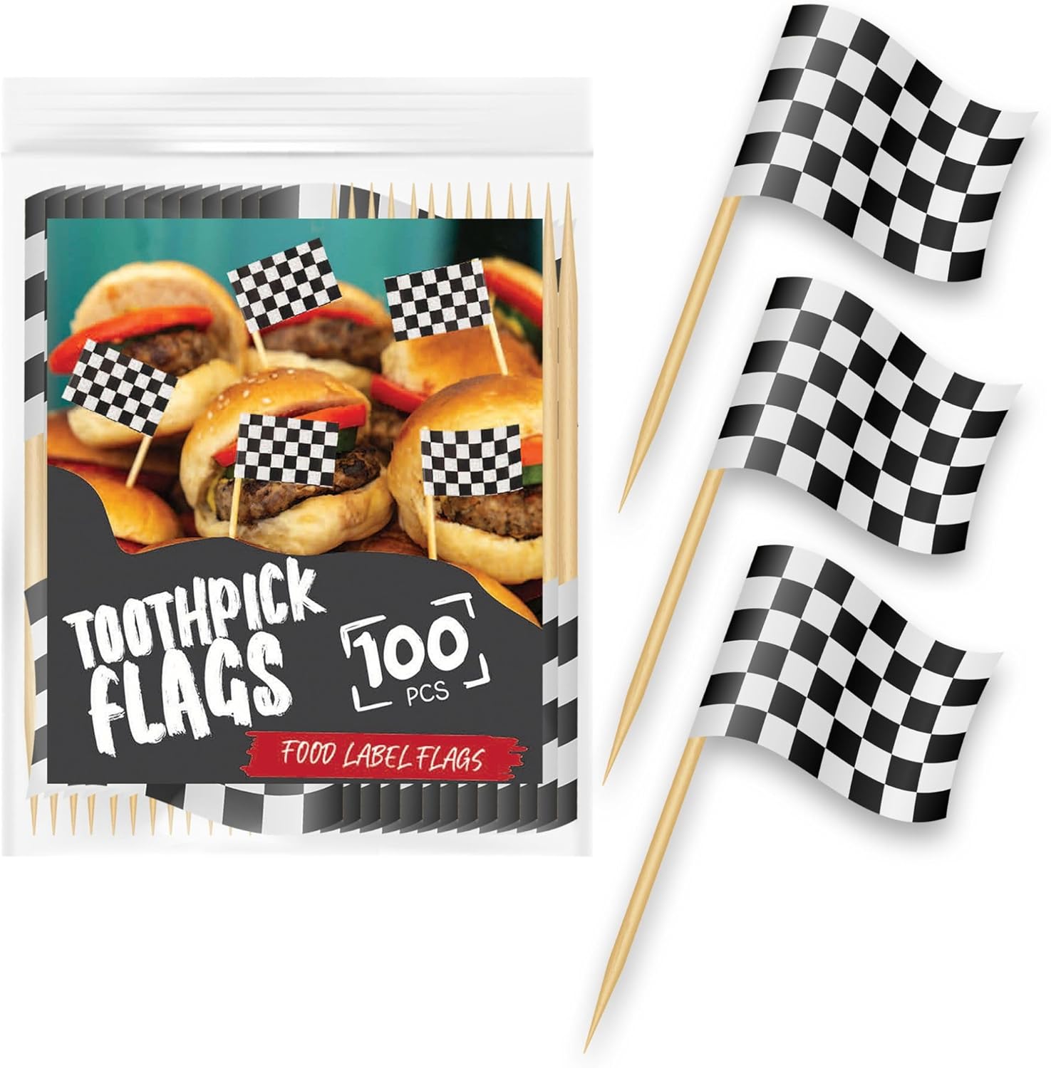 Performore 100 Pack of Checkered Racing Flag Toothpicks, Mini Topper Flags for Cupcakes, Decoration Supplies for Birthday Party, Appetizers Dinners Occasions