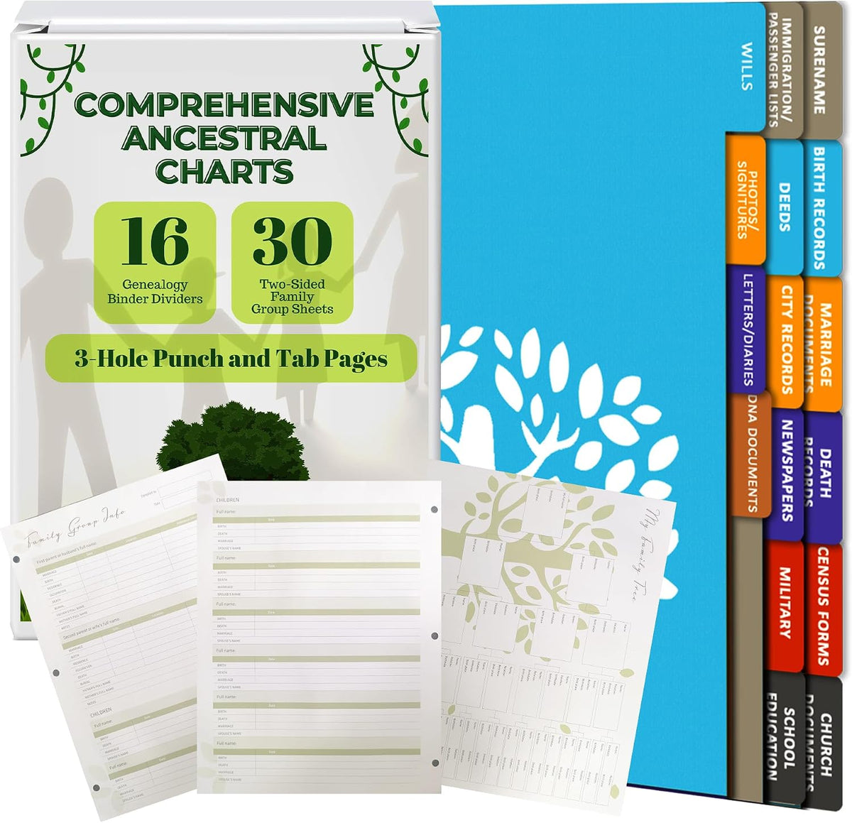 30 Two-Sided Large Family Group Sheets: Comprehensive Ancestral Charts with 3-Hole Punch and Tab Pages, 8.5' x 11' White Premium Matte Paper
