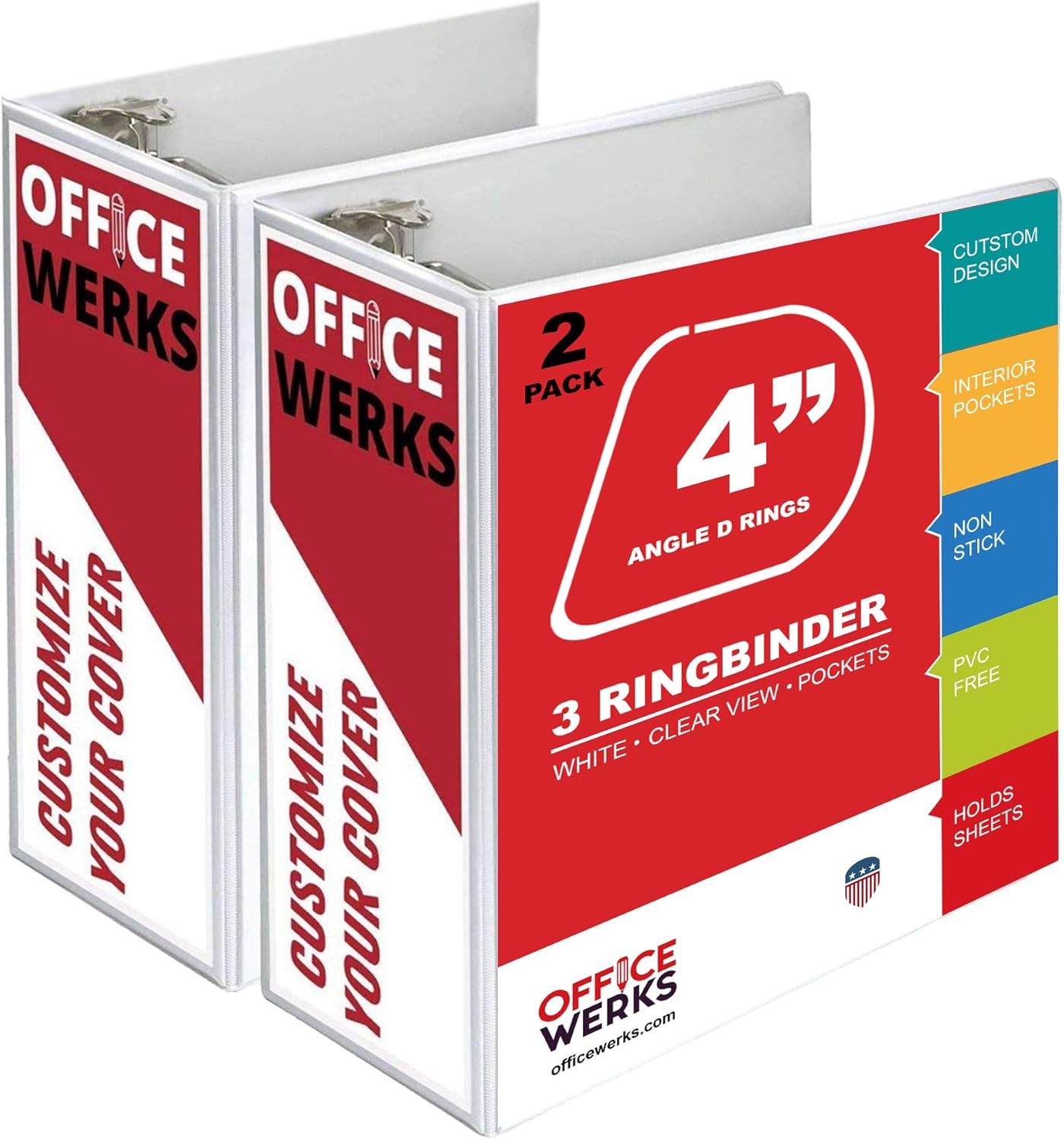 4 inch 3 Ring Binder,  Angle D-Rings, White, Clear View, Pockets - 2 Pack
