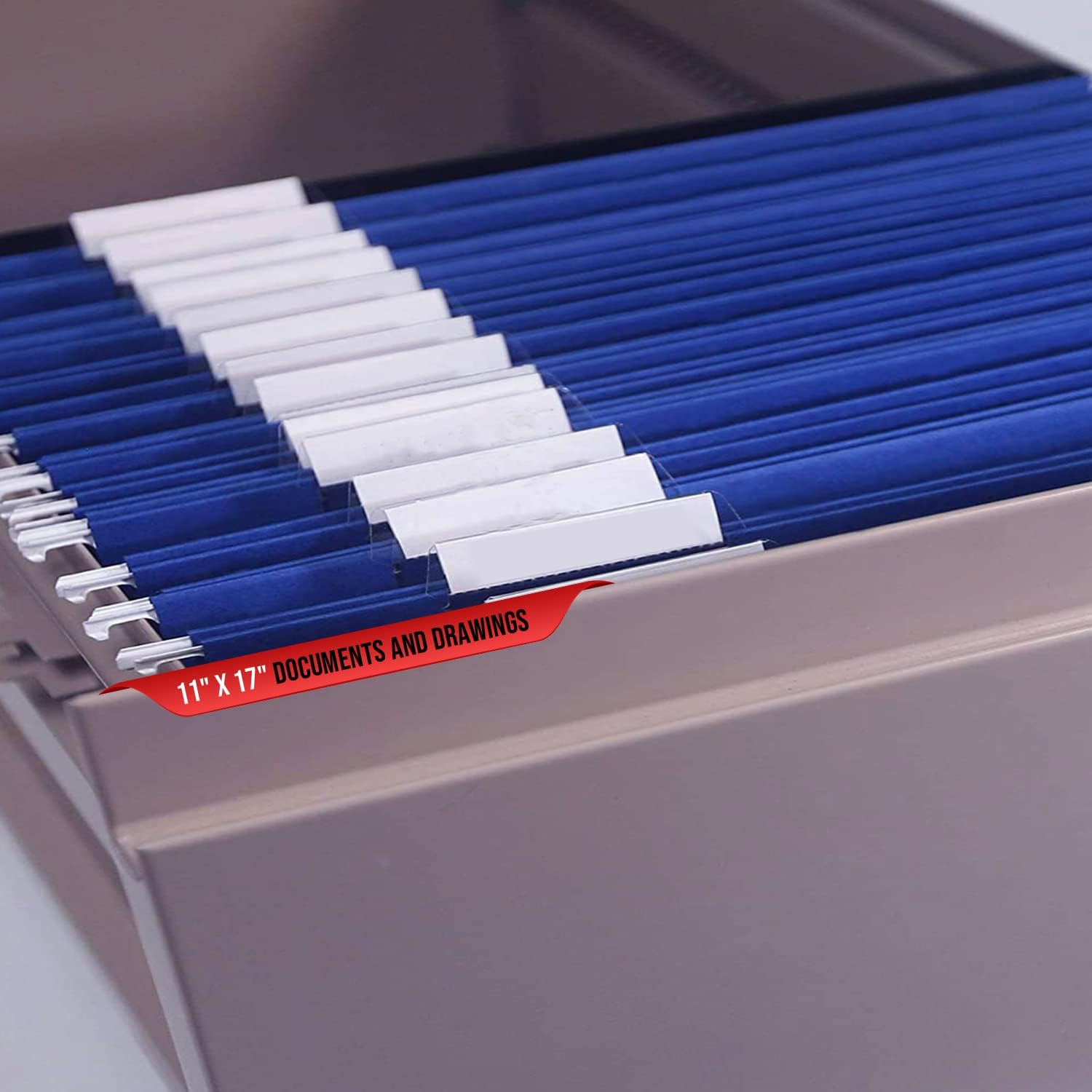 Performore 11X17 Hanging File Folders,1/5 Cut Adjustable Clear Plastic Tabs (25 Pack) Includes White Metal Rod Hangers, Plastic Label Tabs & Label Cards