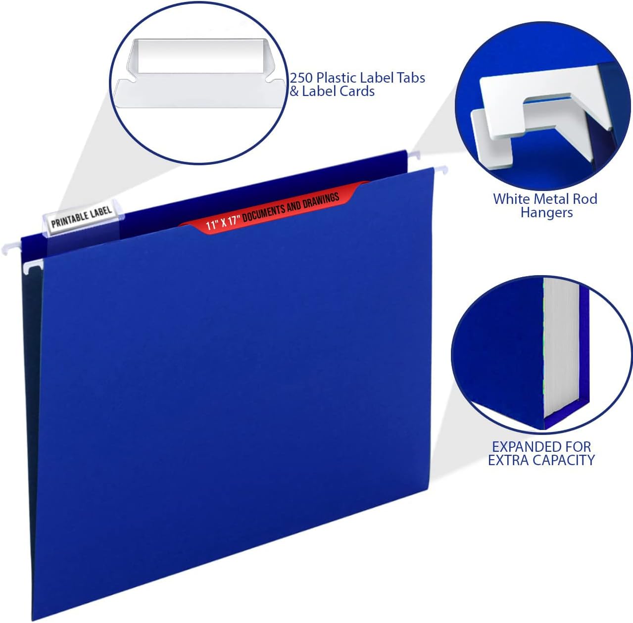 Performore 11X17 Hanging File Folders,1/5 Cut Adjustable Clear Plastic Tabs (25 Pack) Includes White Metal Rod Hangers, Plastic Label Tabs & Label Cards