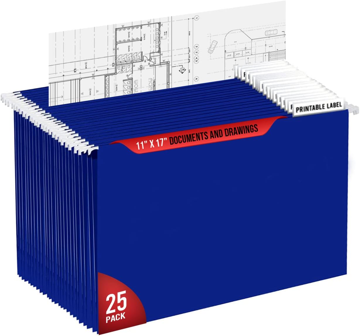 Performore 11X17 Hanging File Folders,1/5 Cut Adjustable Clear Plastic Tabs (25 Pack) Includes White Metal Rod Hangers, Plastic Label Tabs & Label Cards