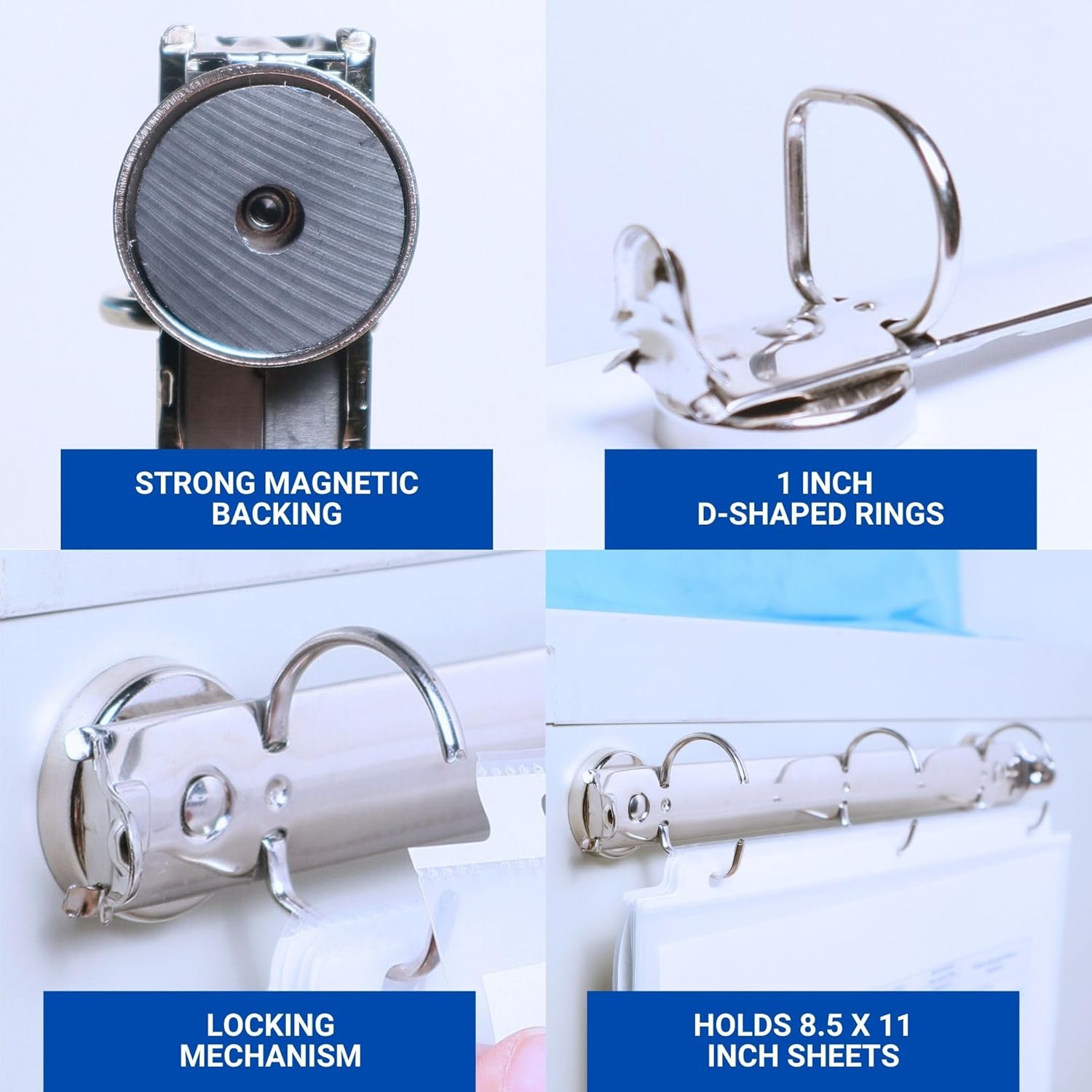 Magnetic 3 Ring Binder Locking Mechanism, 1 inch D Shaped Rings - 50 Sheet Protectors Included