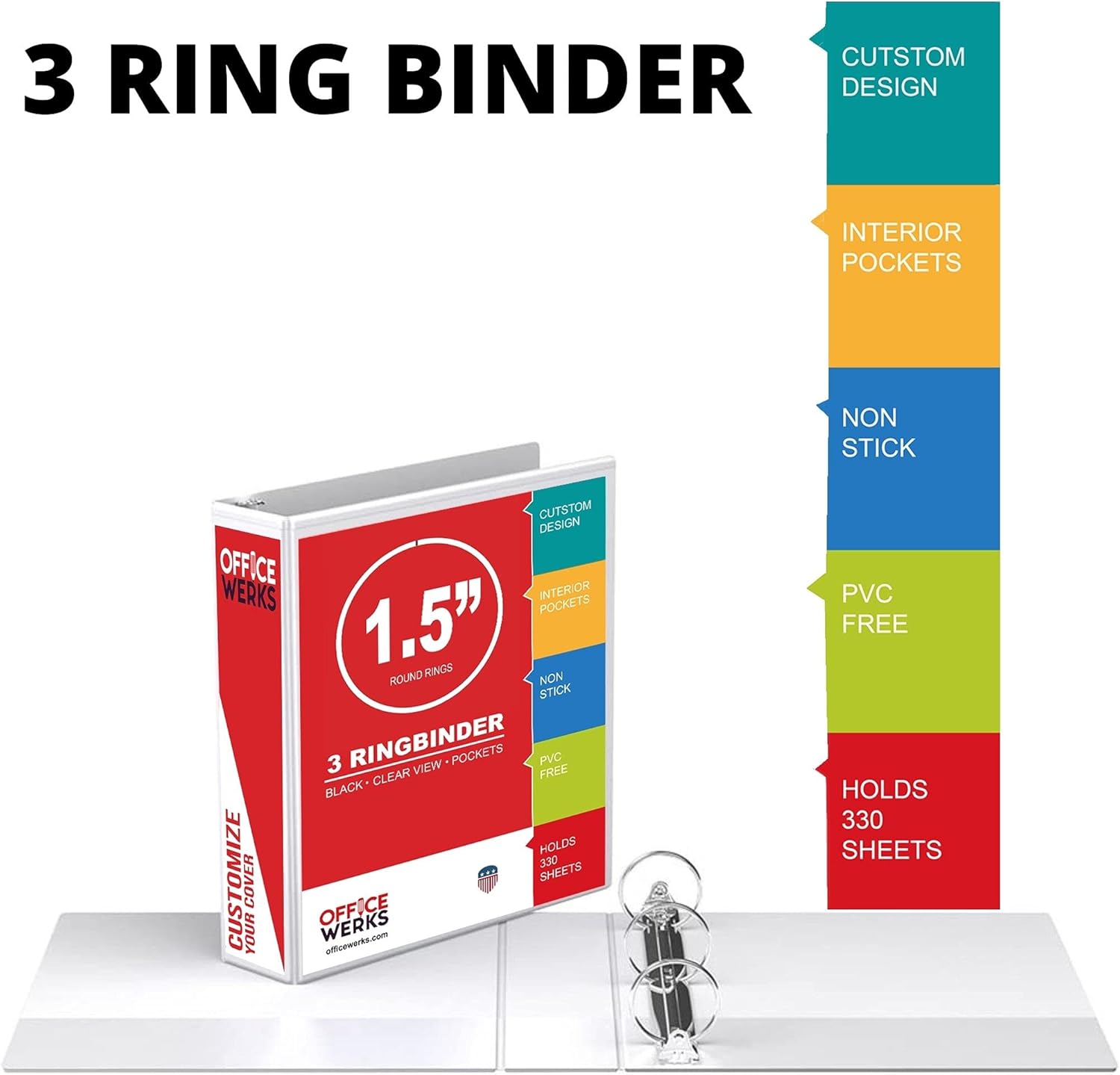 3 Ring Binder, 1.5 inch Round Rings, White, Clear View, Pockets