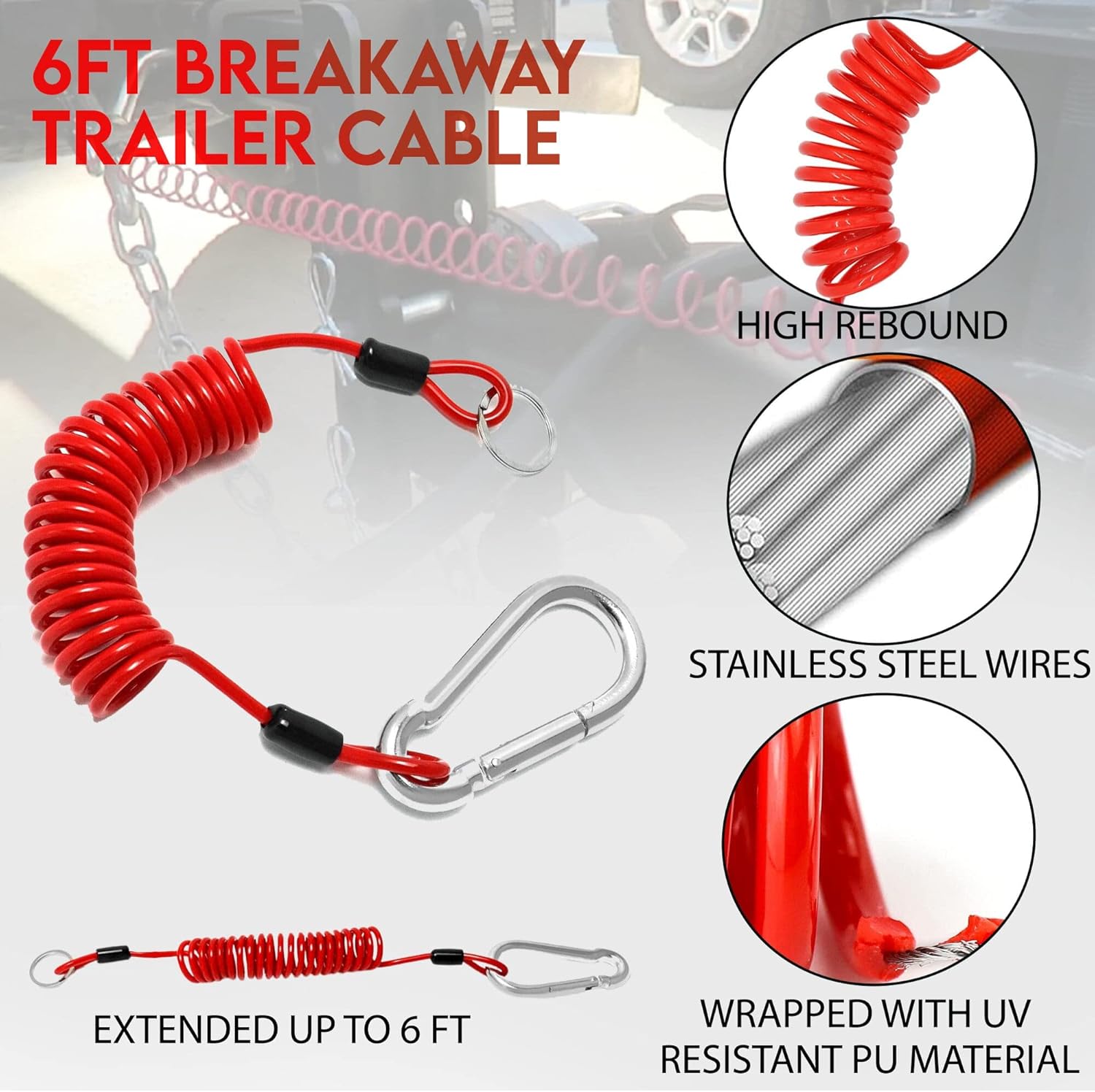 Performore Breakaway Trailer Cable - Heavy Duty Steel Wire Coiled Safety Cables Strap for RV Towing Trailer - Stainless Steel Spring Towing Coil for Enhanced Durability - Extends up to 6ft