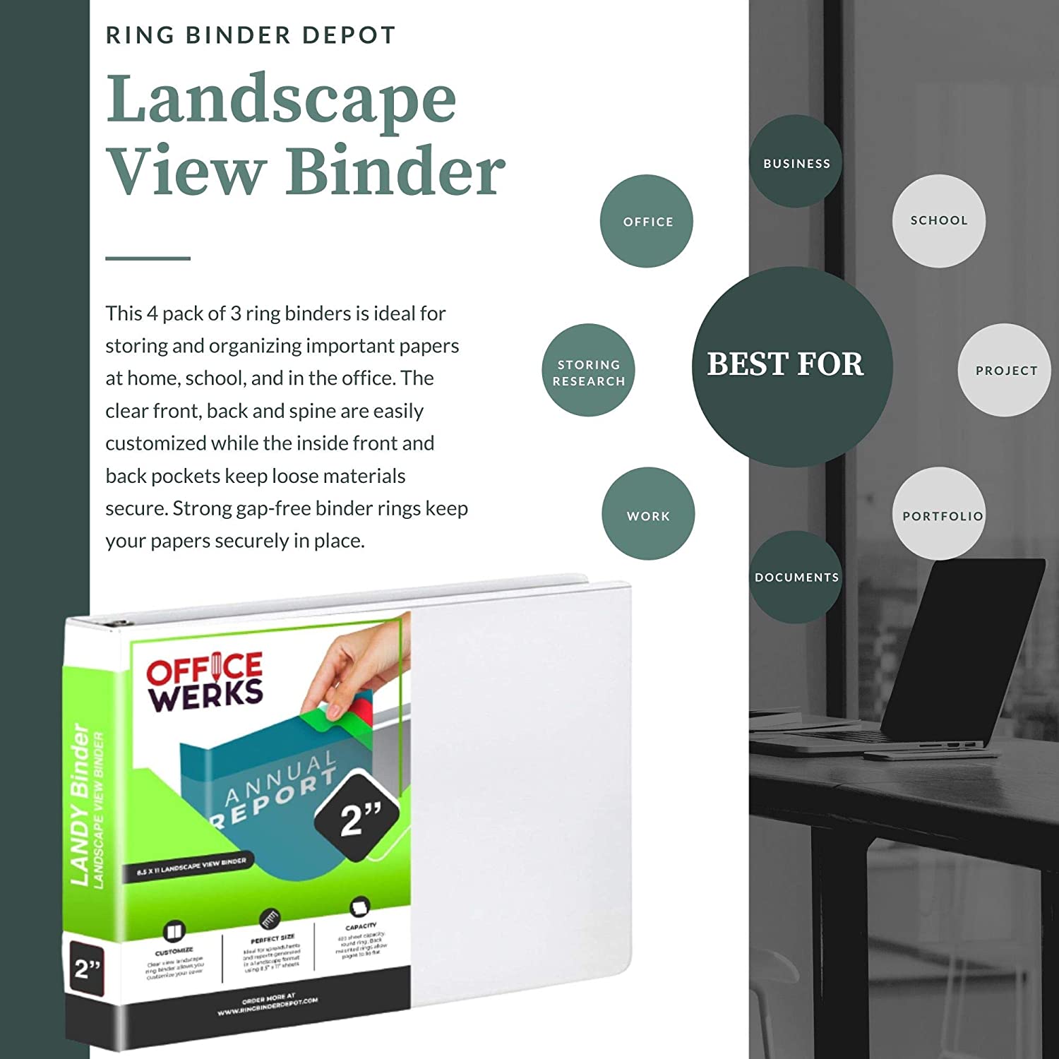 Landscape View Binder, White, 2 inch Round Ring