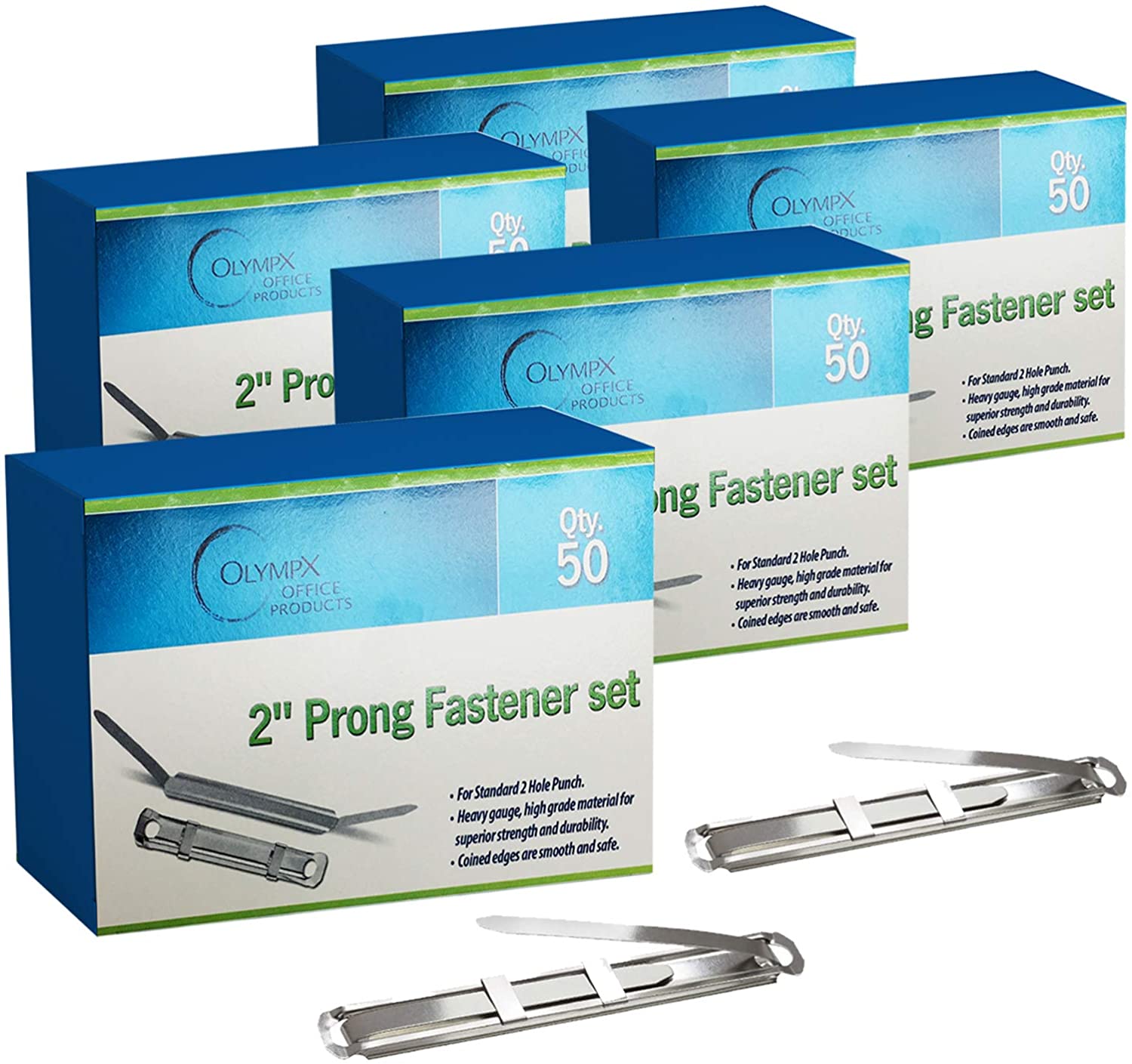 2 Inch Capacity Premium Prong Paper Fastener Complete Set, 2.75 Inch Base with Standard 2-Hole Punch, Pack of 5 Boxes (50 per Box) by Olympx