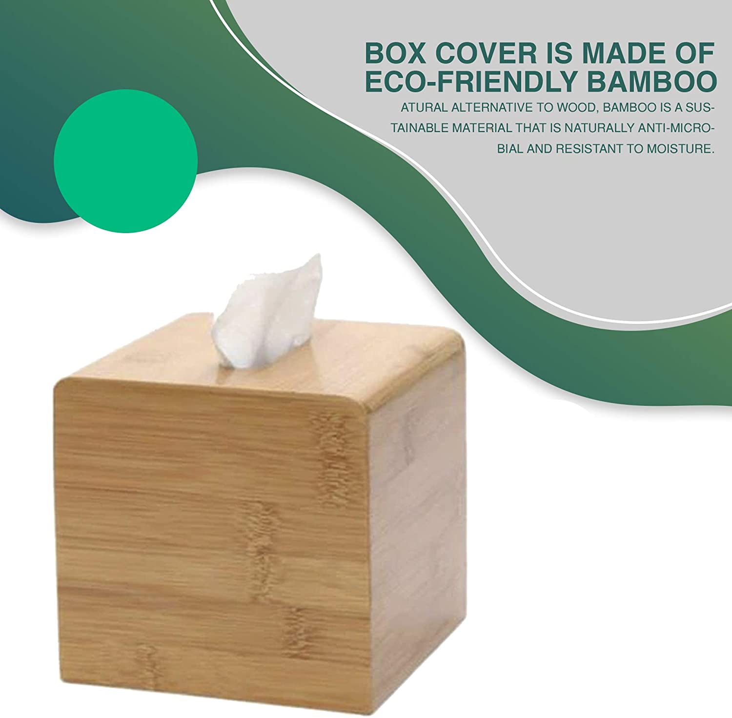 Square Bamboo Tissue Box Cover - Water Resistant - 16 X 14 X 14 cm