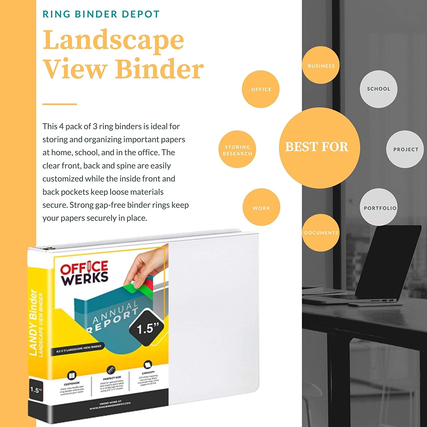 Landscape View Binder, White, 1.5 inch Round Ring