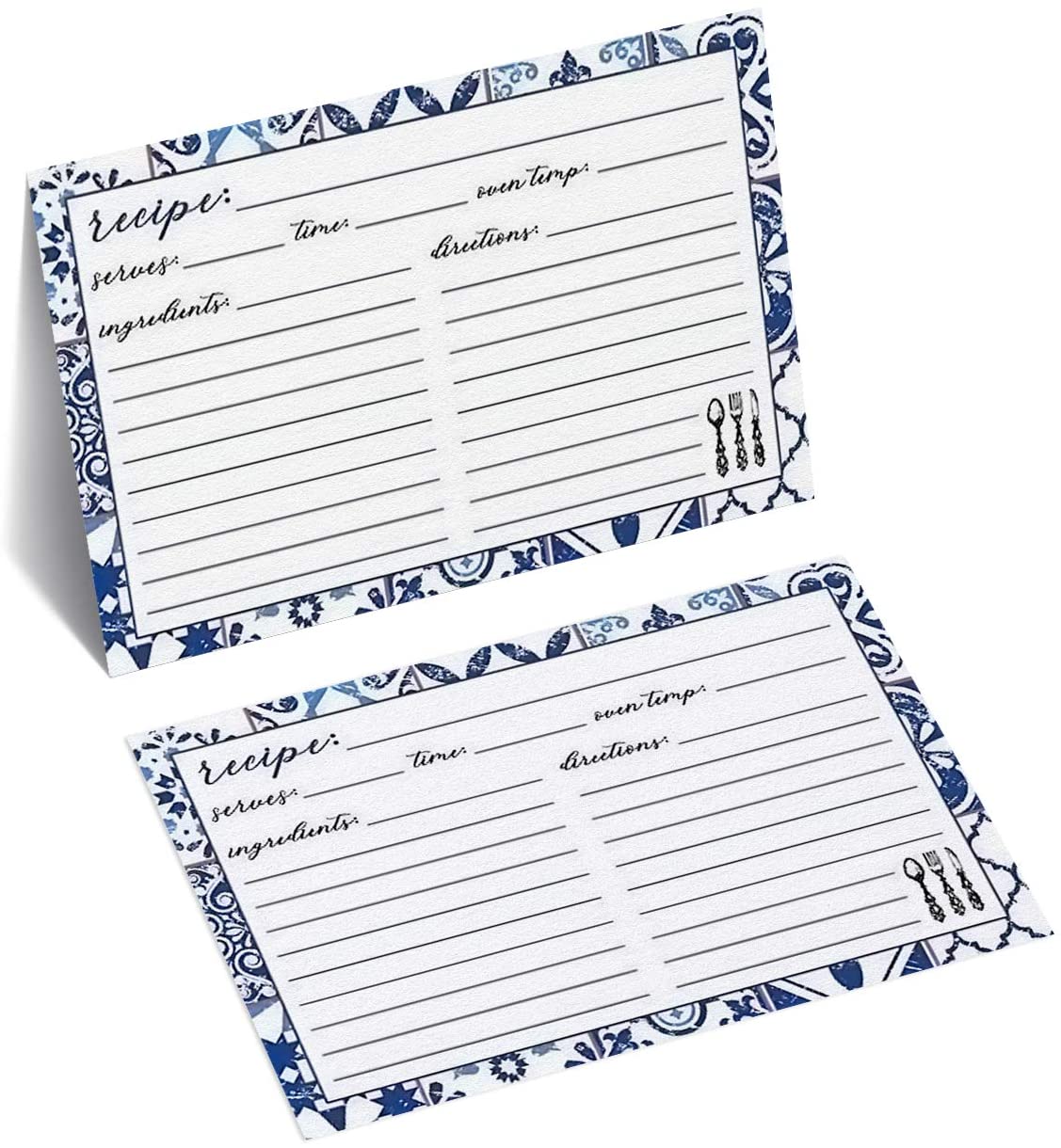 Blue and White  Recipe Cards - Pack of 50