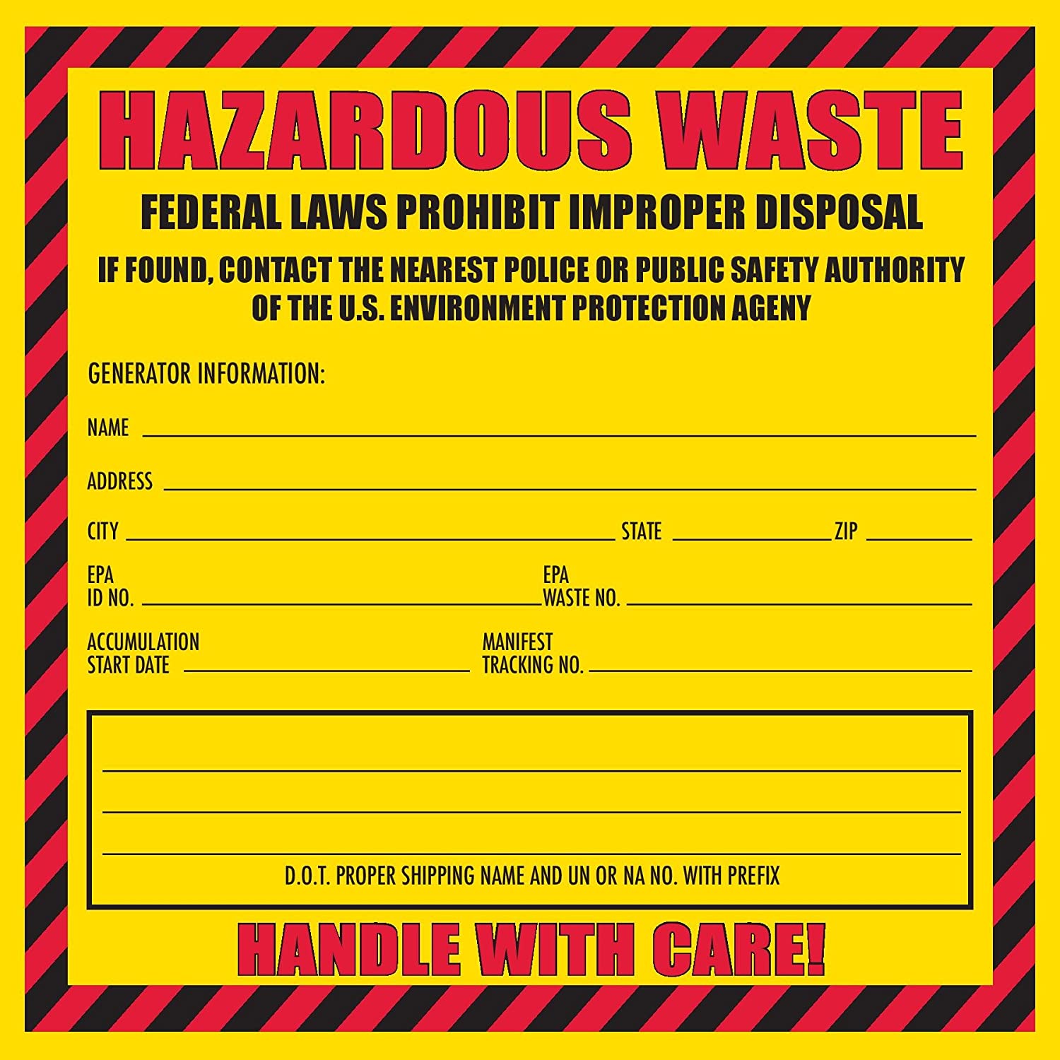 Hazardous Waste Label, 6" x 6", Self-Adhesive