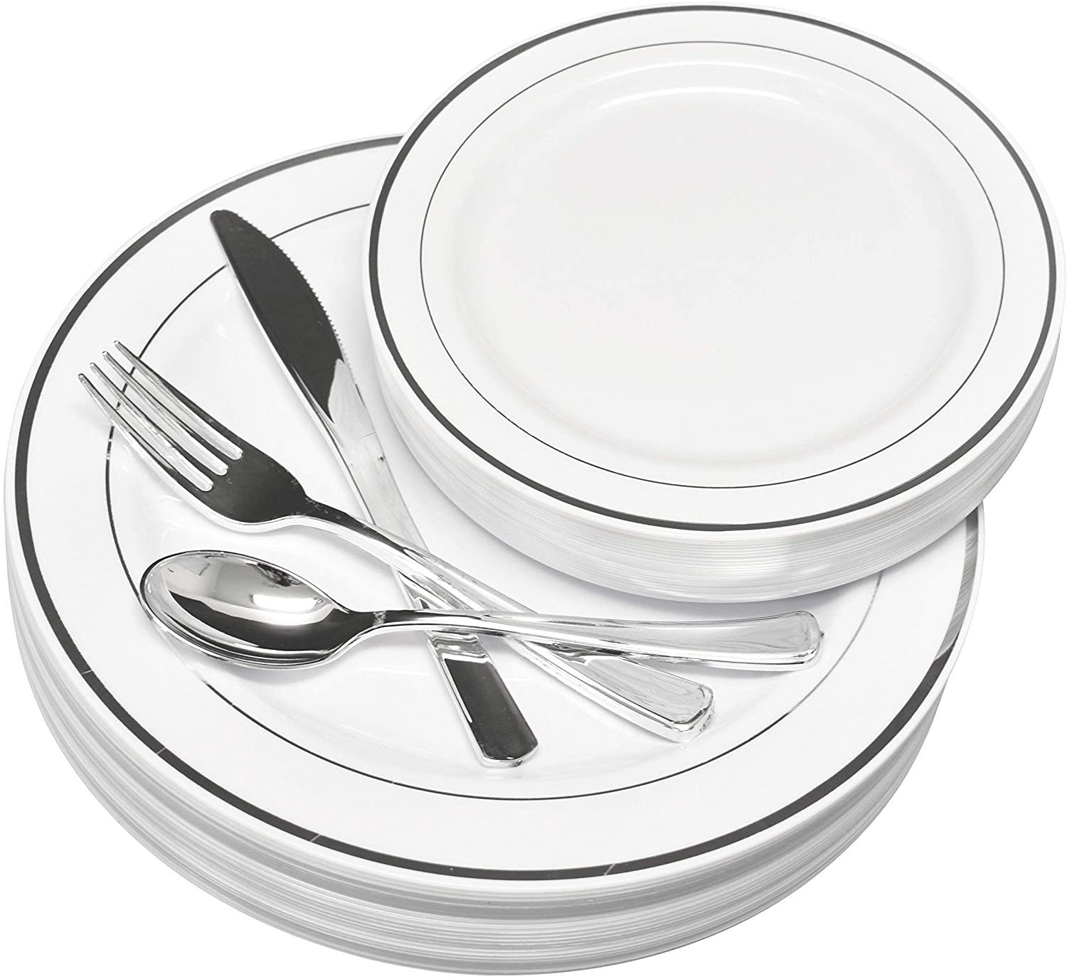 50 Classy Disposable Plastic Plates White Plates, Silver Trim, includes forks, knifes & spoons