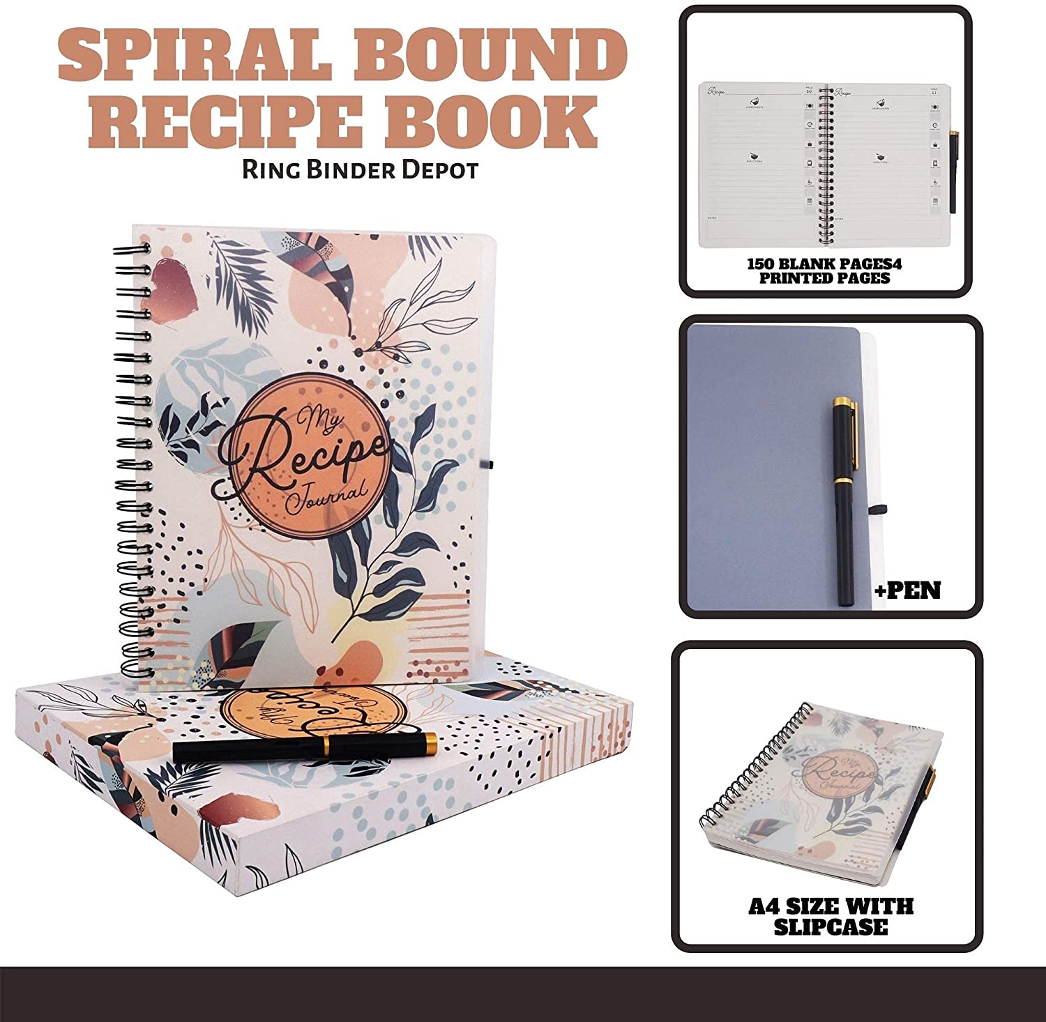 Spiral Bound Recipe Notebook Journal, Includes Pen and Slipcase with 150 Blank Pages