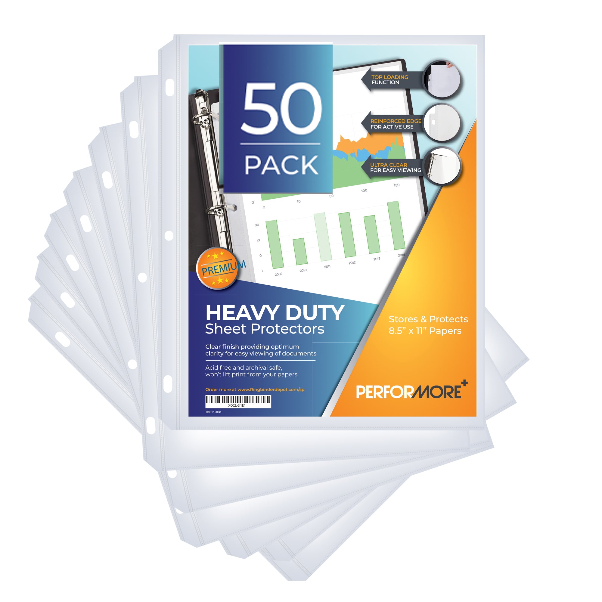 Heavy Duty Clear Sheet Protectors - 50 Pack, Reinforced Holes, 8.5 x 11 Inches, Acid Free/Archival Safe